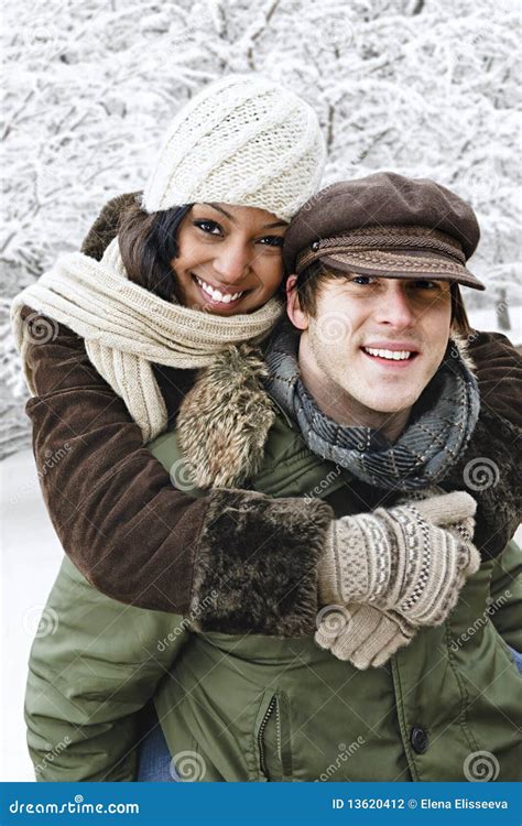 Couple Having Fun Outside In Winter Stock Photo Image Of Happy