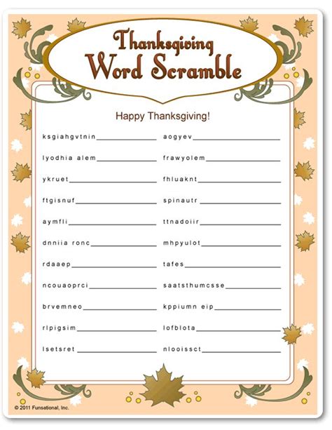 Printable Thanksgiving Word Scramble Game