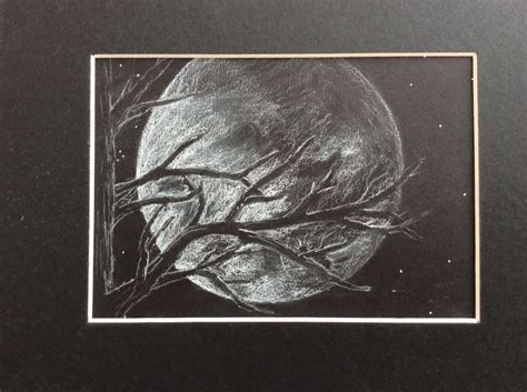 Original 5x7 White Charcoal Drawing Moon And Branch Matted To Etsy