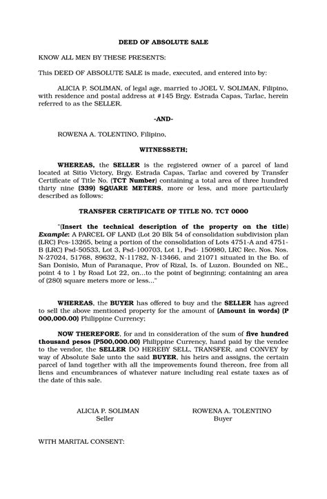 Deed Of Sale Of Registered Land Sample Templates Sample Printables