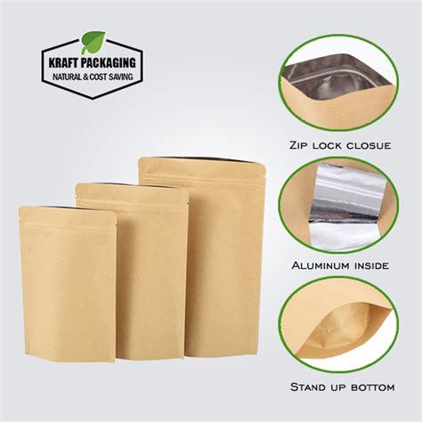 Brown Aluminum Laminated Stand Up Brown Kraft Paper Zipper Pouch Bag