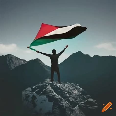 Man Waving Palestine Flag On A Mountain On Craiyon