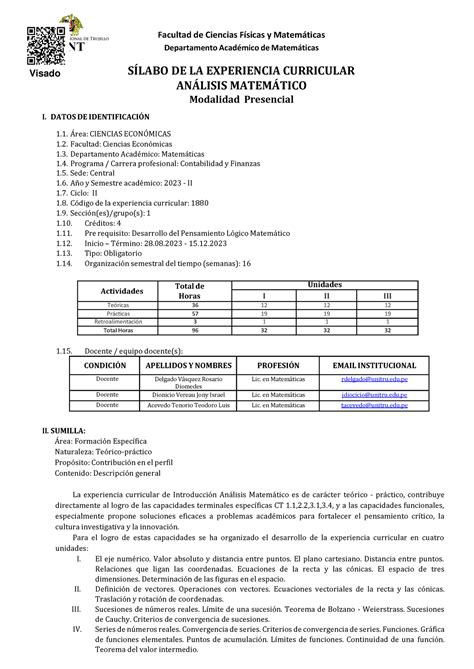 Silabo De Análisis Departamento Académico De Matemáticas SÍlabo De La