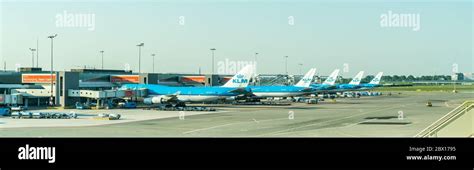 Row Of Klm Planes At Schiphol Airport In The Netherlands Stock Photo