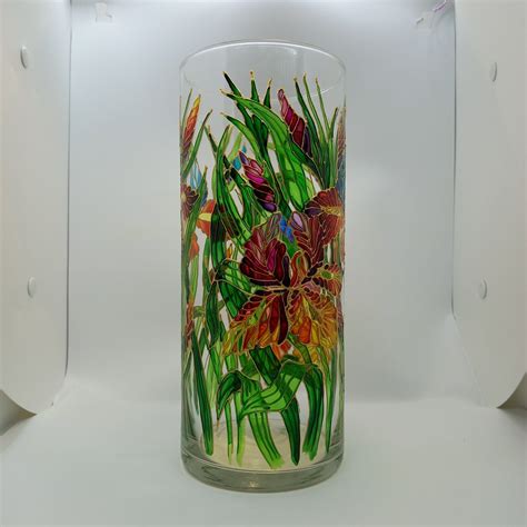 Tall Stained Glass Vase Hand Painted Irises Vase 104 1 3 In Etsy