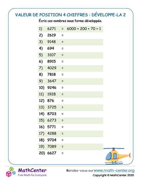 CM1 Fiches de travail Valeur de position à plusieurs chiffres Math