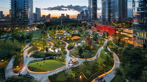 Modern Urban Park Surrounded By Skyscrapers With Green Spaces Walking