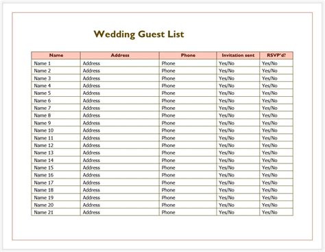 Free Printable Printable Wedding Guest List Template