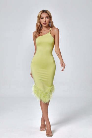 Light Green One Shoulder Midi Feather Dress