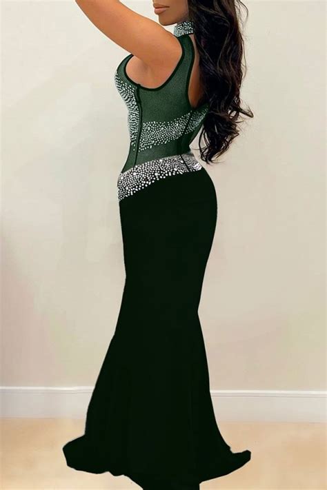 Us Fashion Sexy Patchwork Hot Drilling See Through Turtleneck Evening Dress Vogue Rose