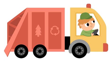 Premium Vector Garbage Truck Icon Man Driving Rubbish Van With