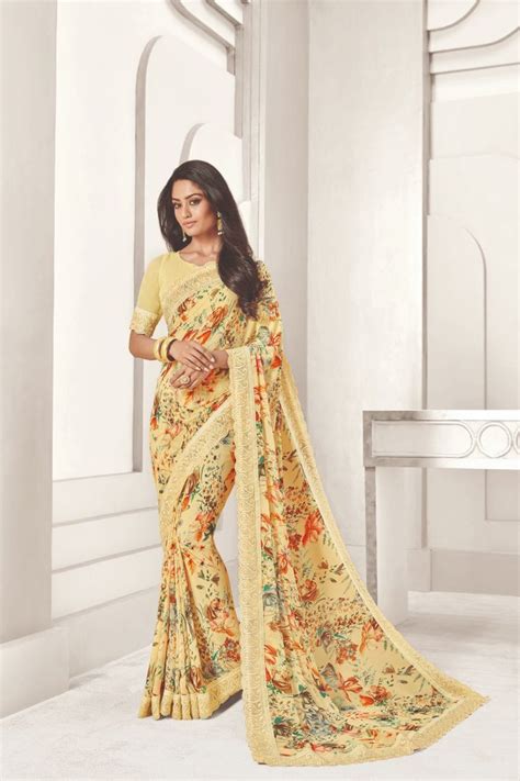 Lemon-Yellow-Georgette-Printed-Fancy-Evening-Wear-Sadi-With-Blouse-Piece-9308-28695 Whatsapp ...