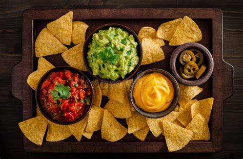 Mexican Nachos Tortilla Chips With Guacamole Salsa And Cheese Dip