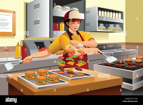 A Vector Illustration Of Man Cooking Burgers At A Fast Food Restaurant Kitchen Stock Vector