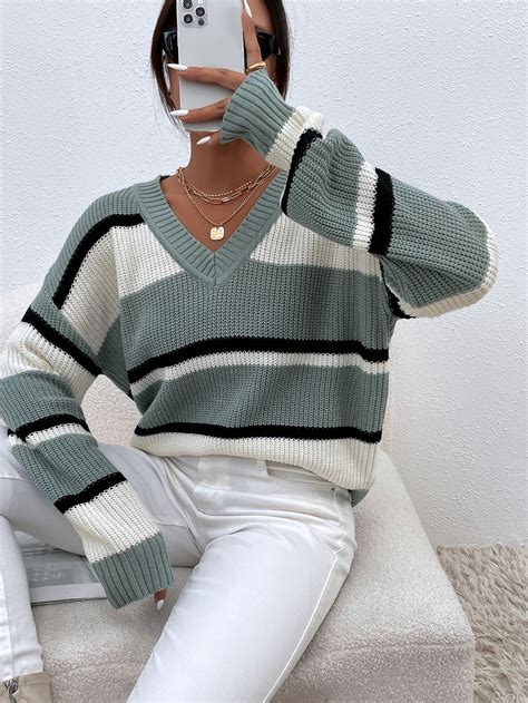 Shein Frenchy Striped Pattern Colorblock Drop Shoulder Sweater