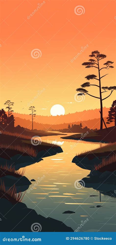 Tranquil Creek Minimalistic Sunset Riverscape Wallpaper Stock