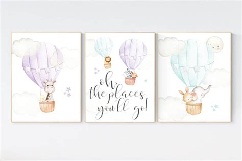 Nursery Decor Girl Woodland Hot Air Balloon Nursery Purple Etsy