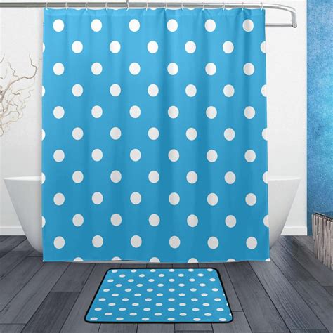 Hidove Blue Polka Dots Bath Curtain Rugs Sets 2 Pcs Bathroom Theme Set