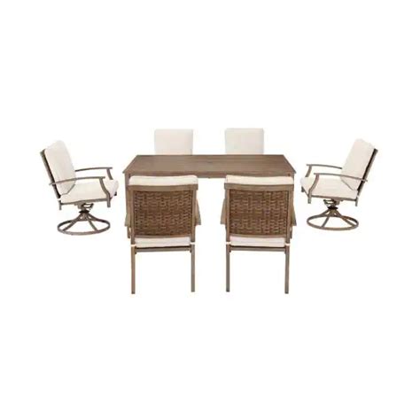 Hampton Bay Geneva 7 Piece Brown Wicker Outdoor Patio Dining Set With Cushionguard Almond Tan