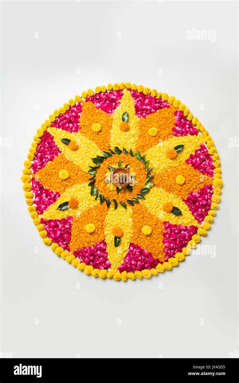 Flower Rangoli For Diwali Or Pongal Made Using Marigold Or Zendu