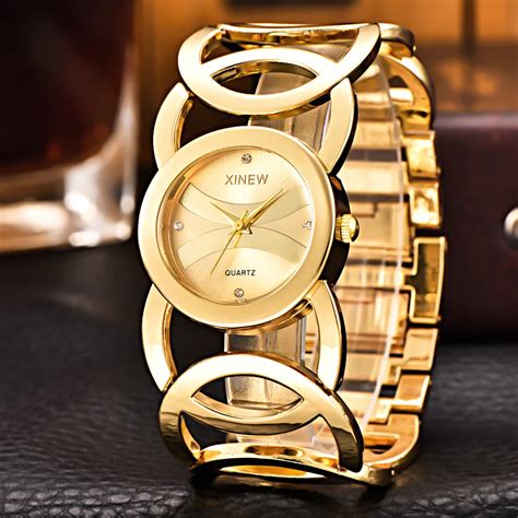 Gold Watch Women Brand XINEW 6438 Full Stainless Steel Bracelet Rhinestone Casual Quartz Wrist ...