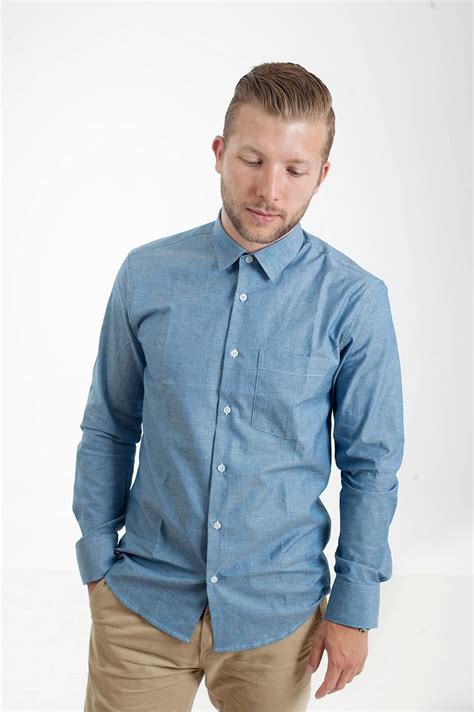 Blue Men Button Up Shirt We Made This Long Sleeve Shirt From Cotton Fabric With A Sport Collar