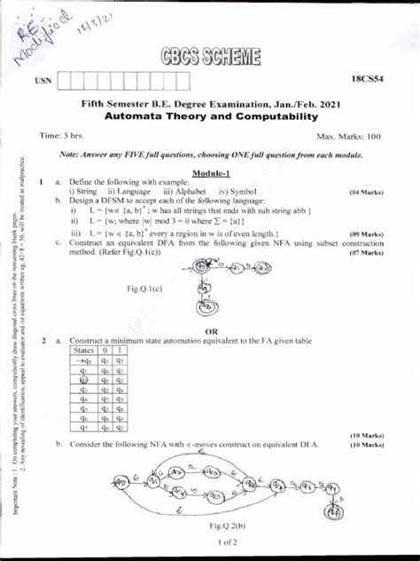 Vtu Exam Question Paper With Solution Of 18cs54 Automata Theory And