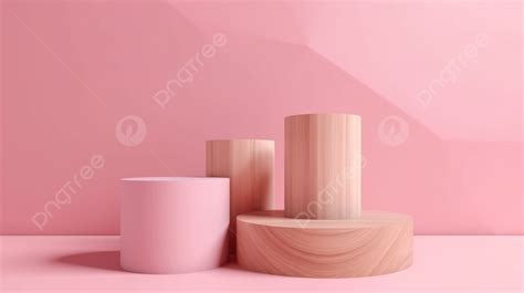 Tres Podios Rosas Con Bases De Madera Sobre Un Fondo Rosa 3d