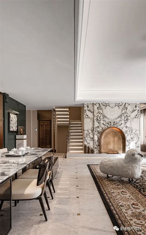 An Elegant Dining Room With Marble Walls And Flooring