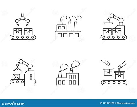 Factory Production Pixel Perfect Linear Icons Set Stock Vector