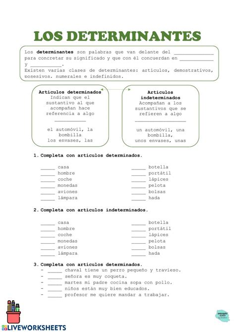 Ejercicio de Los determinantes artículos Ejercicios de español