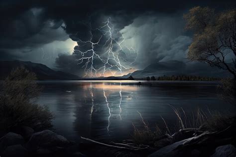 Premium AI Image Storm Clouds And Lightning Over Lake With View Of