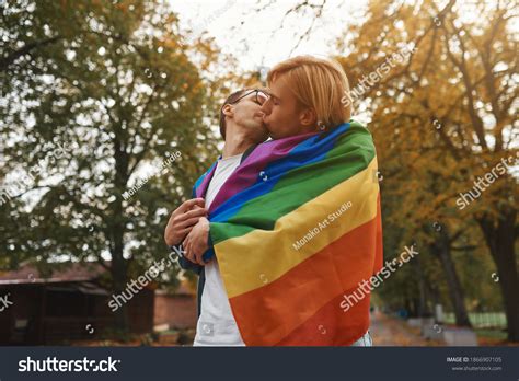 Romantic Gay Couple Hugging Kissing Holding Stock Photo