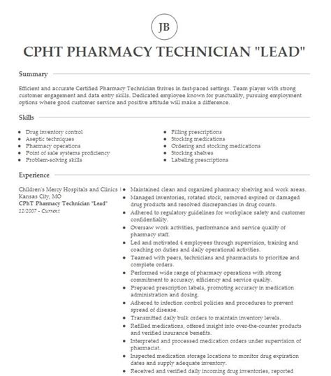 Lead Pharmacy Technician Cpht Resume Example