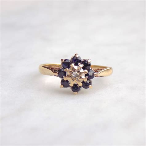 Sapphire And Diamond Flower Cluster Ring In 9ct Gold Indira Antique