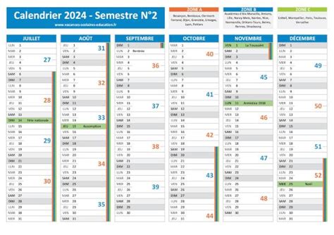 Calendrier 2024 Par Semestre à Imprimer Avec Vacances Scolaires Fredi