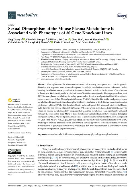 Pdf Sexual Dimorphism Of The Mouse Plasma Metabolome Is Associated With Phenotypes Of 30 Gene