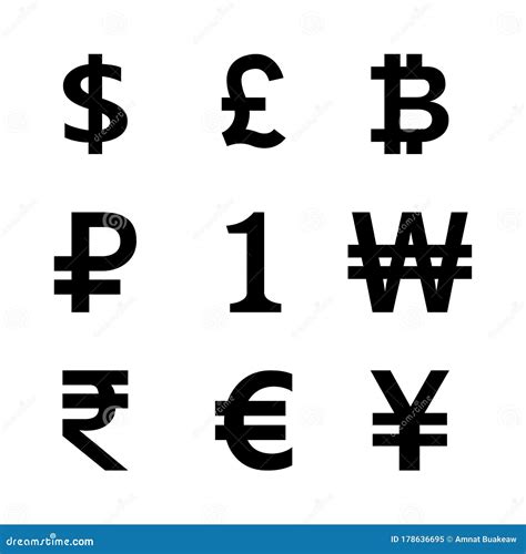 Money Symbol Black Set Isolated On White International Currency Icon