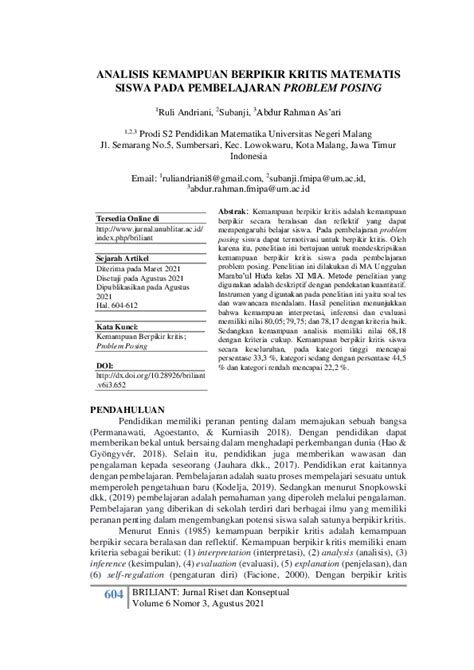 Pdf Analisis Kemampuan Berpikir Kritis Matematis Siswa Pada Pembelajaran Problem Posing Hery