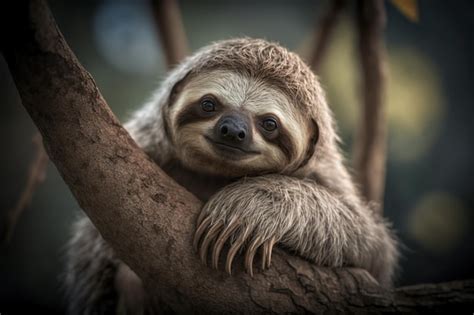 Premium Ai Image Portrait Of A Cute Sloth Hanging On A Tree Generative Ai