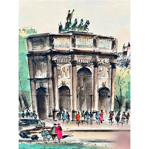 Mid-Century Modernist Style Watercolor Street Scene 'Paris L’ Arc Du ...