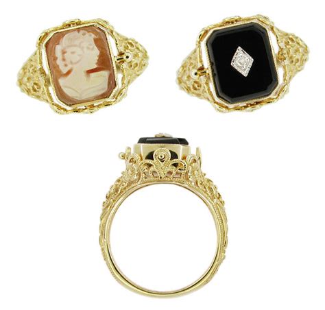 Edwardian Filigree Cameo Antique Flip Ring Diamond And Onyx Yellow