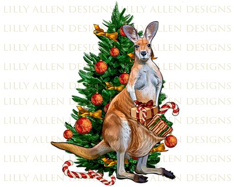 Christmas Kangaroo With Christmas Tree Png Sublimation Design Candy