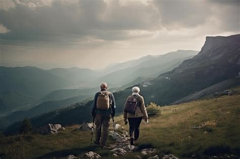 Pareja mayor haciendo senderismo en las montañas estilo de vida activo