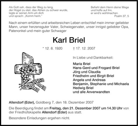 Traueranzeigen Von Karl Briel Trauer Hna De