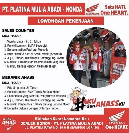 Lowongan Kerja Medan Pt Platina Mulia Abadi Honda Dealer Loker