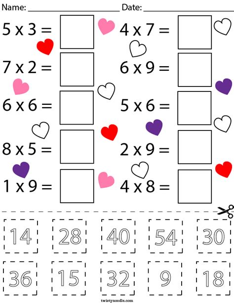 Valentine S Day Multiplication Cut And Paste Math Worksheet Twisty Noodle