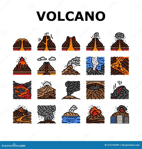 Volcano Lava Eruption Nature Icons Set Vector Stock Vector