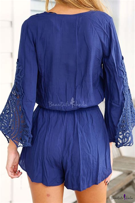 V Neck Long Sleeve Lace Detail Plain Romper