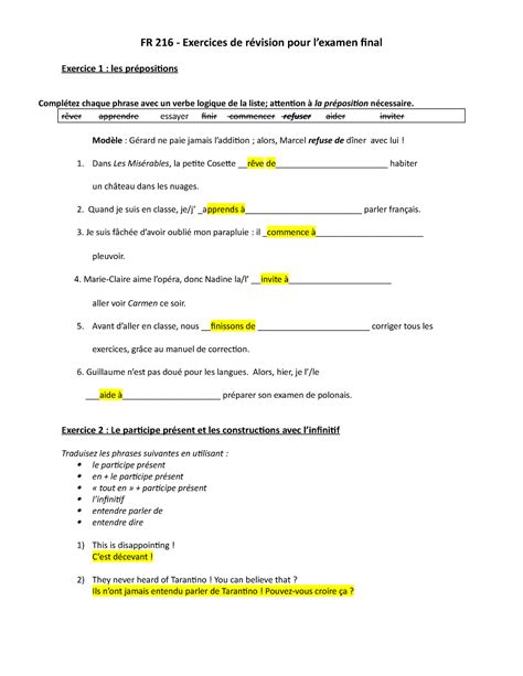 Fr Exercices De R Vision Pour Lexamen Final Fr Exercices